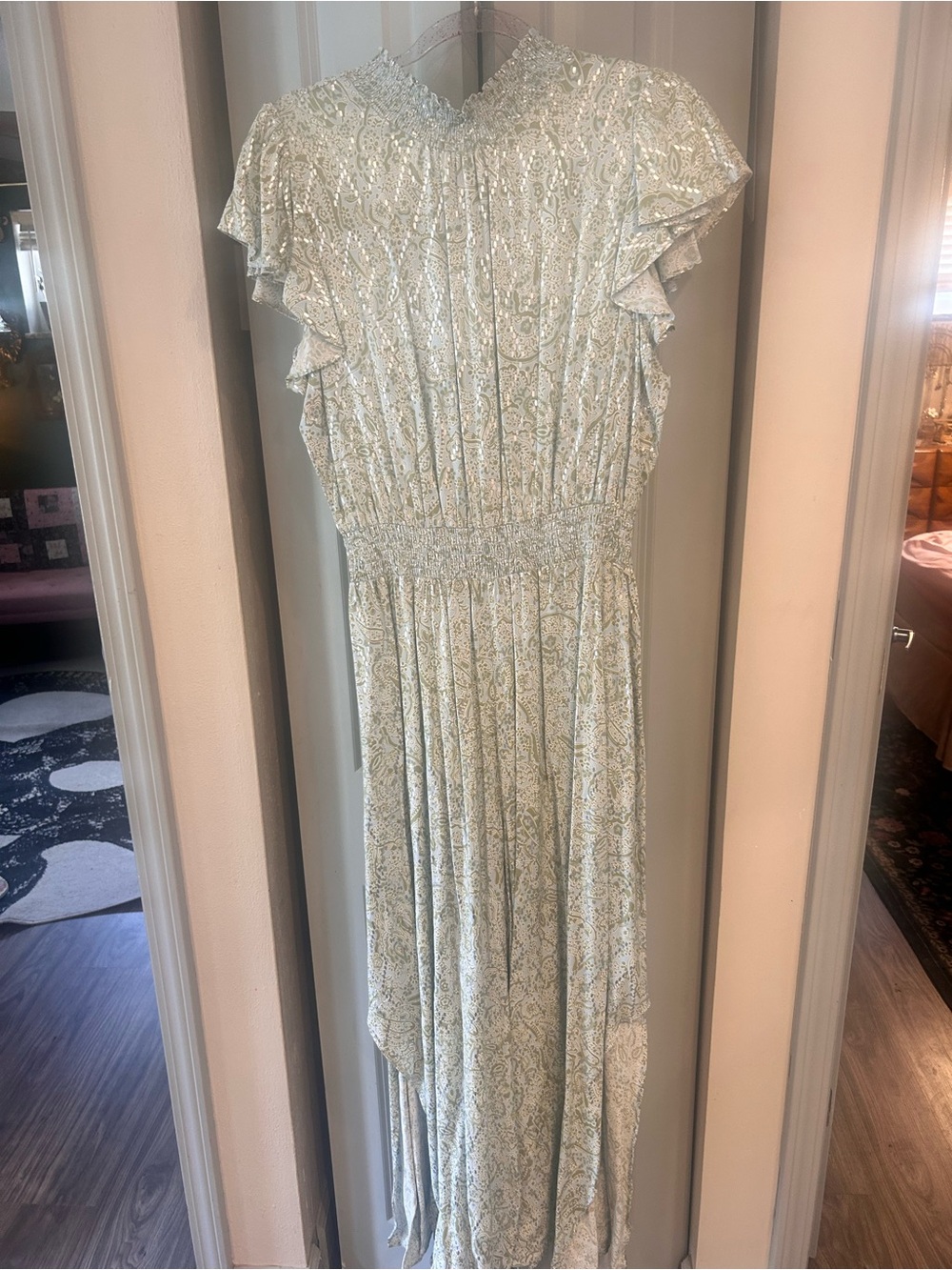 Light Green Paisley Ruffle Sleeve Maxi romper